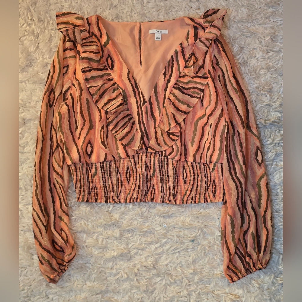Bar III Peach and Brown Patterned Ruffle Blouse